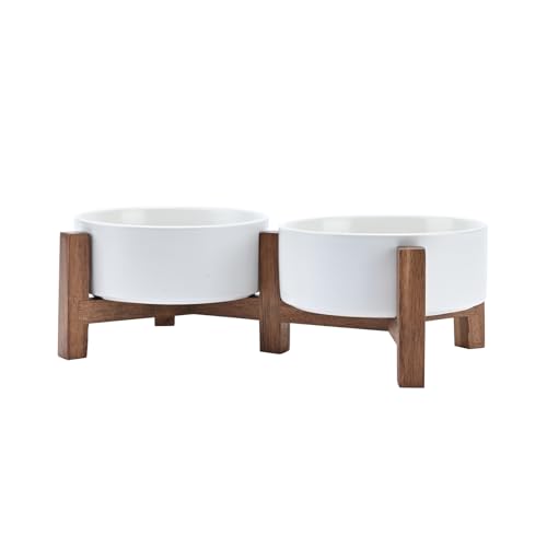 Ceramic Dog Bowls with Acacia Wood Stand (13.52 Oz / White)