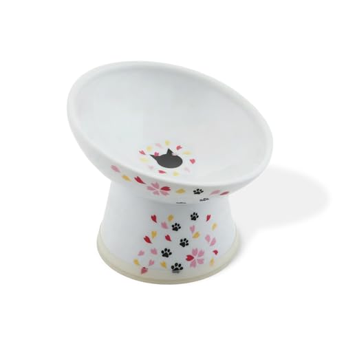 Necoichi Ceramic Raised Cat Food Bowl (Sakura / Regular Tilted)