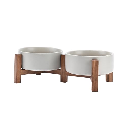 Ceramic Dog Bowls Set with Acacia Wood Stand (13.52 Oz / Gray)