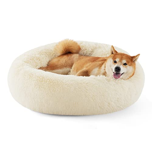 Calming Dog Bed Medium Size Dog Donut Washable Pet Bed (30"L x 30"W x 8"Th / Ivory Beige)