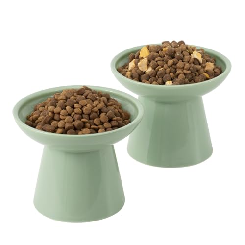 2 Pack Extra Wide Elevated Ceramic 6.2" Shallow Cat Food Bowls (Sage Green-2 Food Bowl)