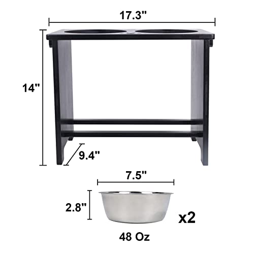 Elevated Dog Bowl Stand with 2 Stainless Steel Bowls (X large-14"tall,48 Oz bowl / Black)