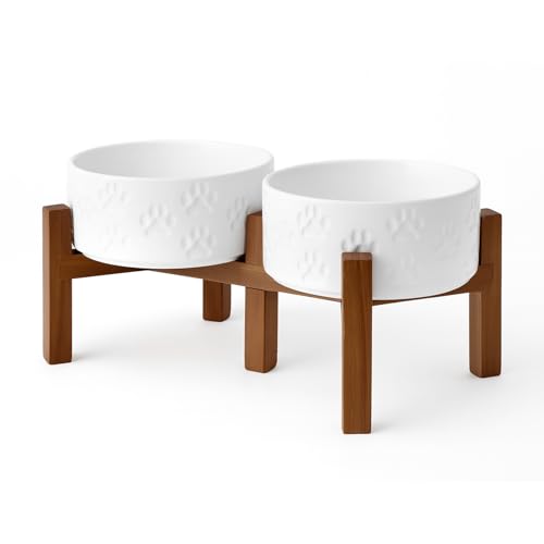 Ceramic Elevated Dog Bowl Set with Acacia Wood Stand for Food and Water for Small Medium Sized Dogs (28.74 Oz / Dog Paw White)
