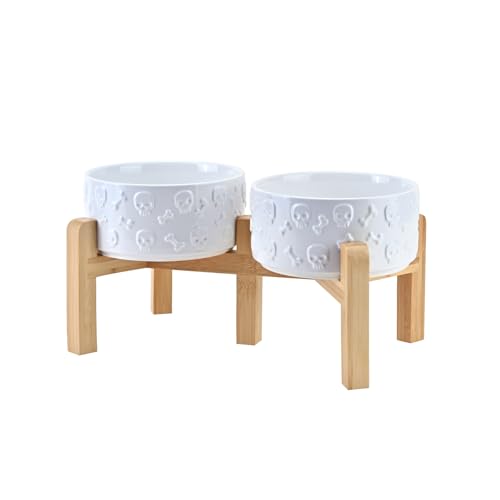 Elevated Dog Bowls Ceramic (6.1 in - 3.6 cups / White - Skull)