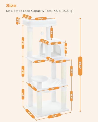 56.3" Cactus Cat Tree with Metal Hammock (White / 56.3in)