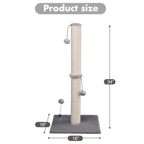 34“ Tall Cat Scratching Post Premium Basics Kitten Scratcher Sisal Scratch Posts Trees with Hanging Ball for Indoor Cats (34 inches for Adult Cats / Gray)