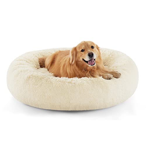 Calming XL Dog Bed Donut Washable Extra Large Pet Bed (45"L x 45"W x 10"Th / Ivory Beige)