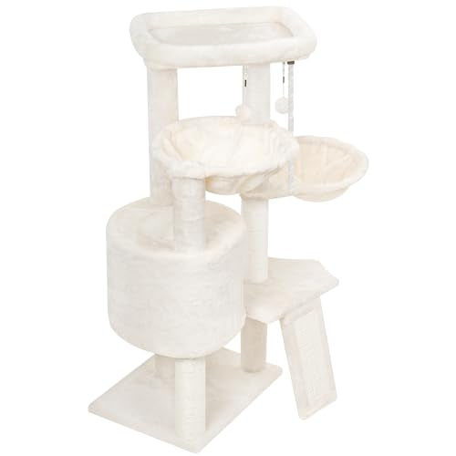 Wang Xin Three Layer Cat Tree with Cat Condo Scratch Pad and Two Hammocks (Small / Beige)