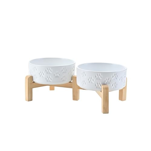 Elevated Dog Bowls Ceramic (5.1 in - 1.7 cups / Paw White)
