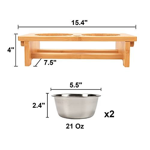 Elevated Dog Bowl Stand with 2 Stainless Steel Bowls (small-4“tall,21 Oz bowl / Bamboo)
