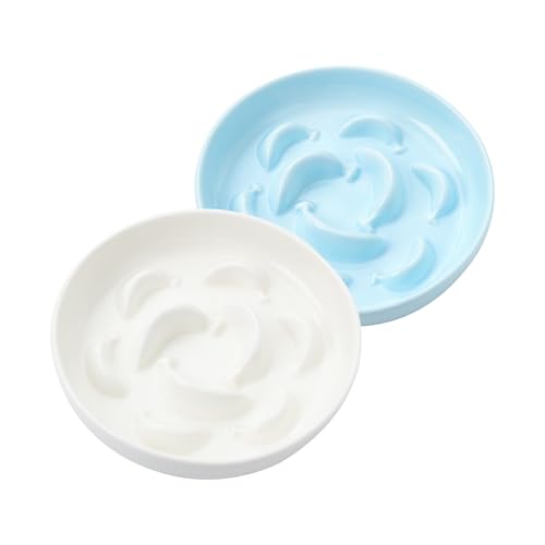 2 Pcs Ceramic Cat Slow Feeder Bowl Set (White and Blue)