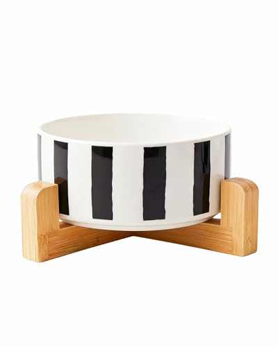 Ceramic Dog Bowl with Wood Stand (M-3.5 Cups / 05-Stripe)
