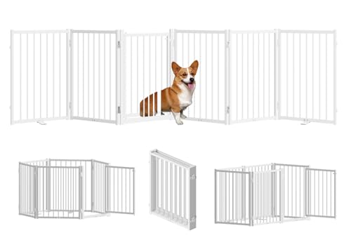 Full Metal Freestanding Dog Gate with Door (【6 Panels】120"W*24H" / White)