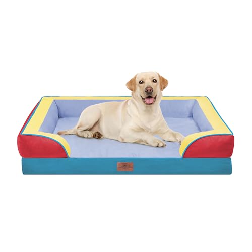 Orthopedic Dog Bed for Extra Large Dogs with Bolster (42.0"L x 30.0"W x 8.5"Th / Funfetti Fiesta)