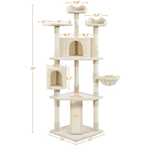79in Multi Level Cat Tree for Multiple Cats with 9 sisal Posts (Beige)