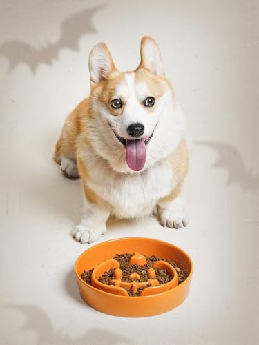 Ceramic Slow Feeder Dog Bowl for Small Medium Dogs & Puppy (Pumpkin Orange / M-1.5 Cups)