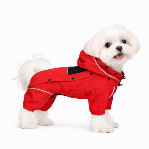 Waterproof Dog Raincoat with Removable Hood (Red / XXS (Back 9"))
