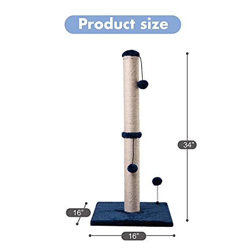34“ Tall Cat Scratching Post Premium Basics Kitten Scratcher Sisal Scratch Posts Trees with Hanging Ball for Indoor Cats (34 inches for Adult Cats / Navy)