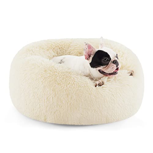 Calming Small Dog Bed Donut Washable Cat＆Puppy Bed (23"L x 23"W x 8"Th / Ivory Beige)