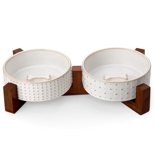 Dog Bowl Set Ceramic Bowls with Walnut Wood Stand (Rhombic+Polka Dots / 2 Cups)