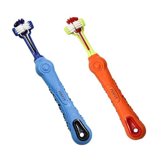 2 Pcs 3 Sided Pet Toothbrush Dog Cat Mouth Dental Teeth Care (Blue&orange)