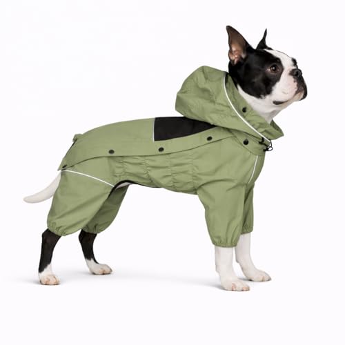 Fleece Lined Dog Raincoat with Removable Hood (Sage Green Fleeced / M (Back 14"))
