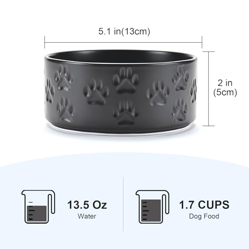 Ceramic Dog and Cat Bowls 2 Pack (5.1 in - 1.7 cups / Paw Black - Only Bowls*2)