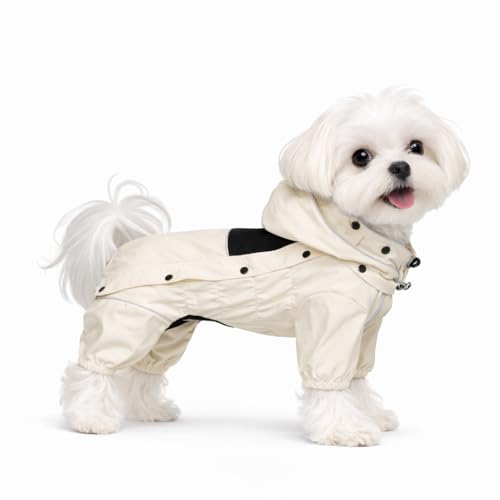 Waterproof Dog Raincoat with Removable Hood (Ivory / XXS (Back 9"))