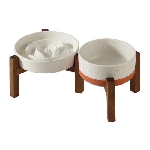 Raised Slow Feeder Dog Bowls (2 x Vanilla White + Stand - A / M- 7.3inch / 1.2 Cups)