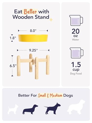 Ceramic Slow Feeder Puzzle Bowl Elevated 1.5 Cup with Wooden Stand for Small & Medium Dog (Star Yellow+Stand / M-1.5 Cups)