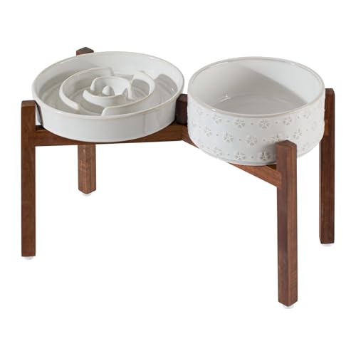 Raised Slow Feeder Dog Bowls (2 x White + Stand - A / XL- 9.5inch / 3.2 Cups)
