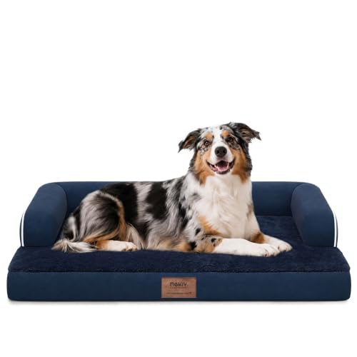 Orthopedic Washable Dog Bed with Bolster for Large Sized Dogs (38.0"L x 25.0"W x 6.5"Th / Navy Blue)