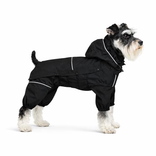 Fleece Lined Dog Raincoat with Removable Hood (Black-Fleeced / S (Back 11.5"))