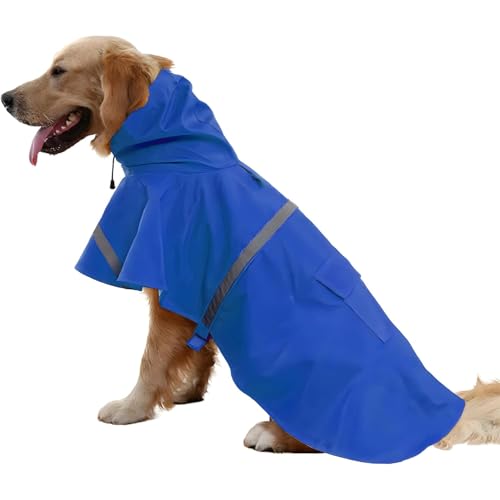 Large Dog Raincoat Adjustable Pet Water Proof Clothes Lightweight Rain Jacket Poncho Hoodies with Strip Reflective (Medium (Pack of 1) / Blue)