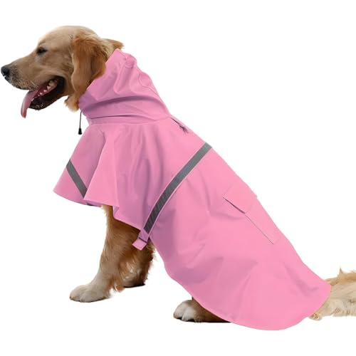 Large Dog Raincoat Adjustable Pet Water Proof Clothes Lightweight Rain Jacket Poncho Hoodies with Strip Reflective (Medium (Pack of 1) / Pink)