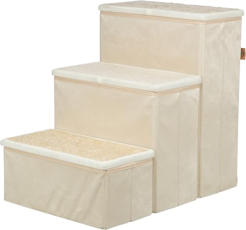 3 Step Velour Pet Stairs for Small Dogs & Cats (Beige / 15" W x 17.7" H)
