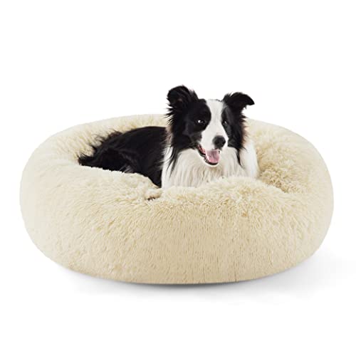 Calming Dog Beds Large Sized Dog Donut Washable Pet Bed (36"L x 36"W x 10"Th / Ivory Beige)