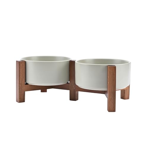 Ceramic Dog Bowls with Acacia Wood Stand (28.74 Oz / Gray)