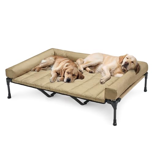 Outdoor Elevated Dog Bed with Waterproof Bolster Cushion (Beige Coffee / 59.0"L x 37.5"W x 9.0"Th)