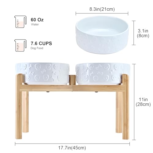 Elevated Dog Bowls Ceramic (8.3 in - 7.6 cups / White - Skull)