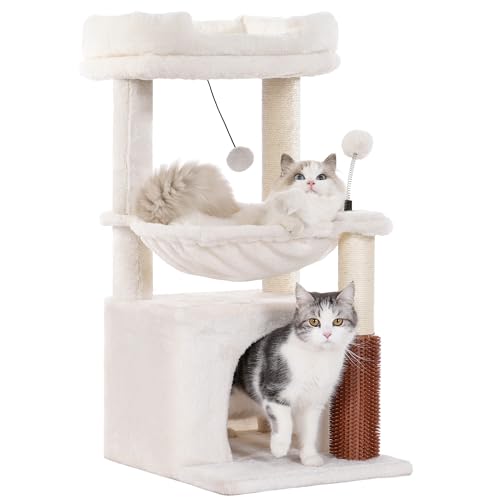 Cat Tree 32” Small Cat Tower with Large Hammock 16”& Self Groomer (Medium-32" / Beige)