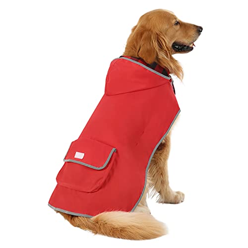 2-in-1 Reversible Dog Raincoat Hooded Poncho Rain Jacket Red Plaid XXL (XX-Large / Buffalo Plaid / Red)