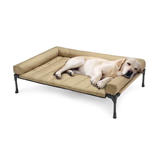 Outdoor Elevated Dog Bed with Waterproof Bolster Cushion (Beige Coffee / 42.0"L x 30.0"W x 7.0"Th)