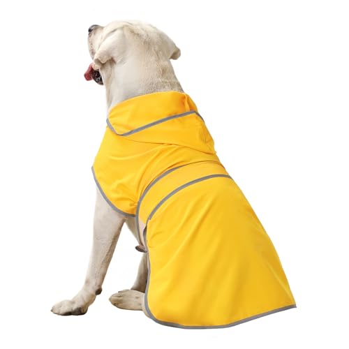 Dog Raincoat for Large Dogs Waterproof Jacket Hooded Rain Coats with Reflective Strips Leash Hole & Poncho Adjustable Fit (B.Yellow / X-Large)