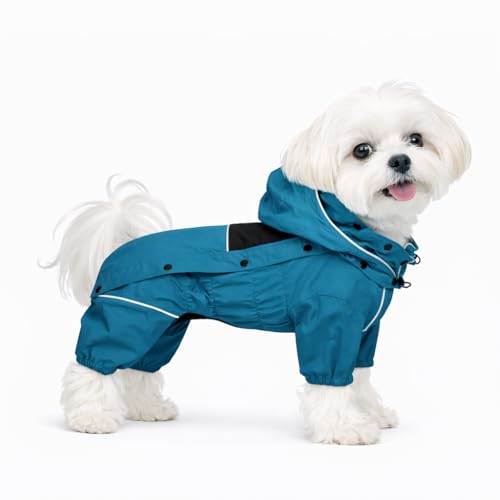 Waterproof Dog Raincoat with Removable Hood (Ocean Teal / XXS (Back 9"))