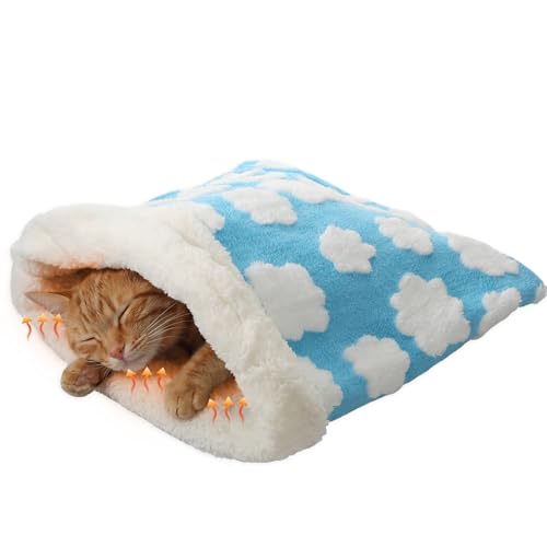 Self Heating Cat Sleeping Bag Indoor Self Warming Cat Bed Cave Heated Pad Cozy Soft Winter Washable Wrap Pet Snuggle Sack Pouch for Puppy Dog Kitten (Classic / White Clouds)
