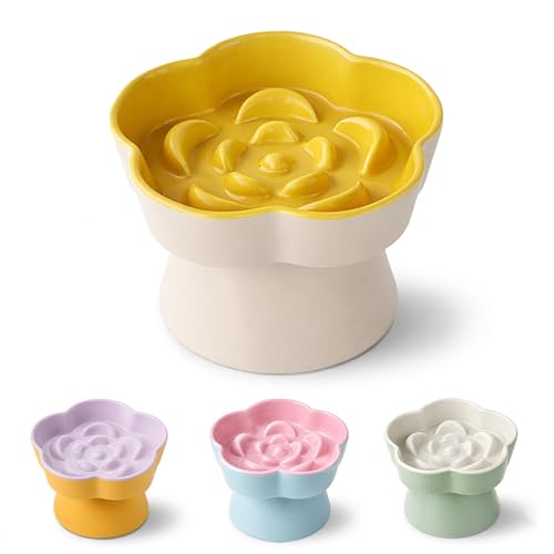 Ceramic Elevated Slow Feeder Cat Bowl (Beige/Yellow)