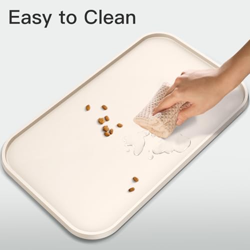 Pet Feeding Mat [Warped Resistant Raised Edge] (18.5"L x 11.5"W / Sand White)