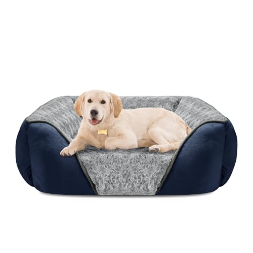 Large Dog Bed Rectangle Washable Orthopedic Soft Calming Sleeping Durable Pet Cuddler with Anti (L(30"x 24"x 9") / Navy)