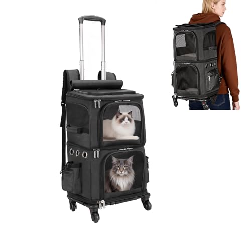 Double Compartment Cat Carrier Backpack with Wheels for Two Pets (14.6"L x 11.2"W x 21.6"H / Black)